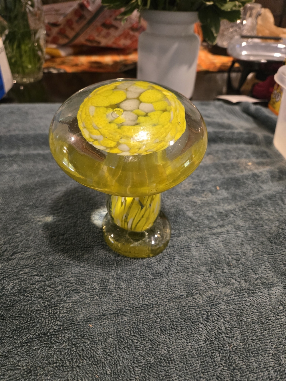Vintage MCM Yellow Art Glass Mushroom Paperweight Figurine, Hand Blown 4.5"